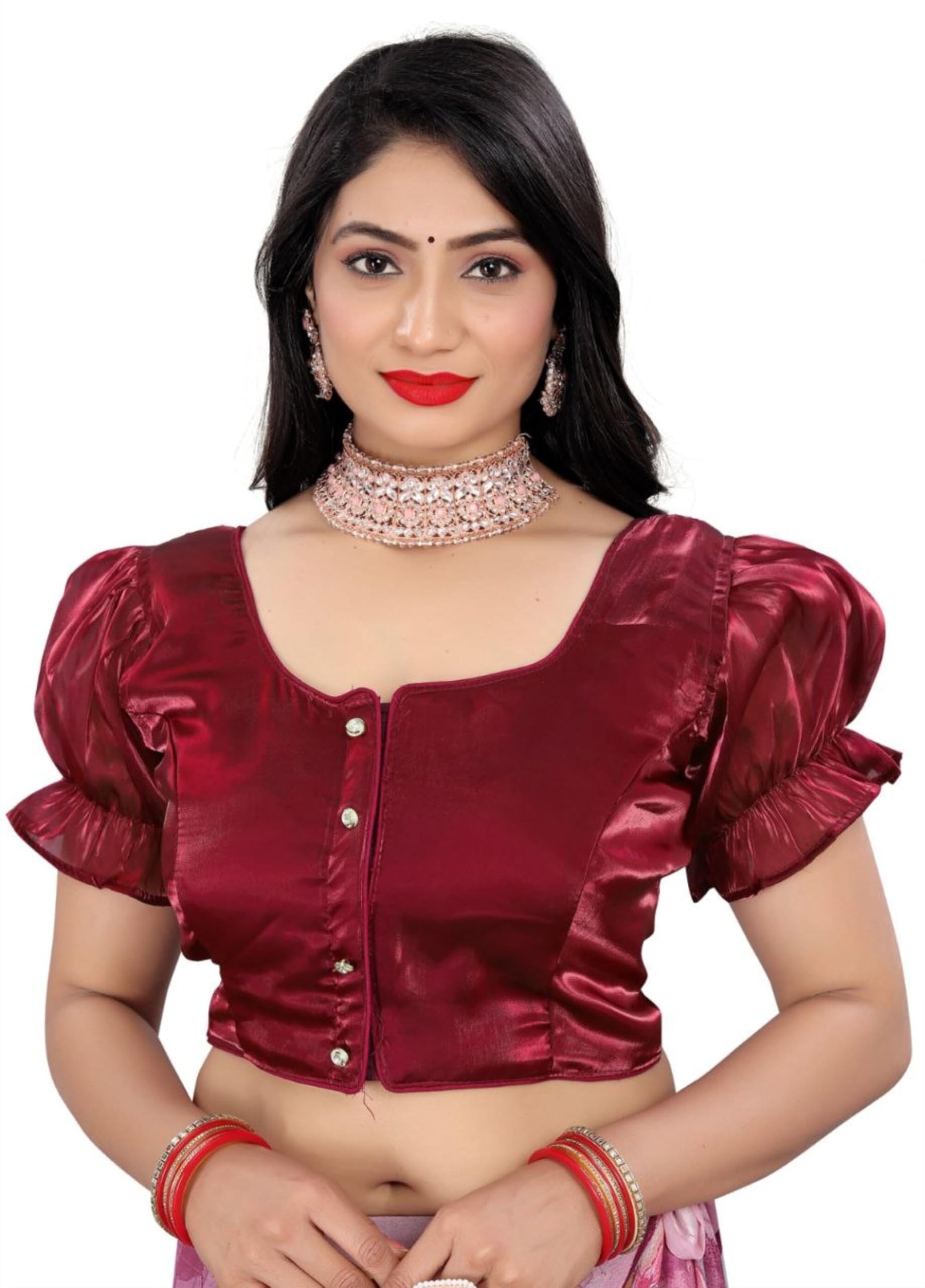 Women's Heavy Soft Zimichoo Organza Blouse - Front Hook Open, Fancy Button Design, Short Puff Sleeves with Elastic, Padded, Ready Size 38 (Alterable 36-40)-image-22