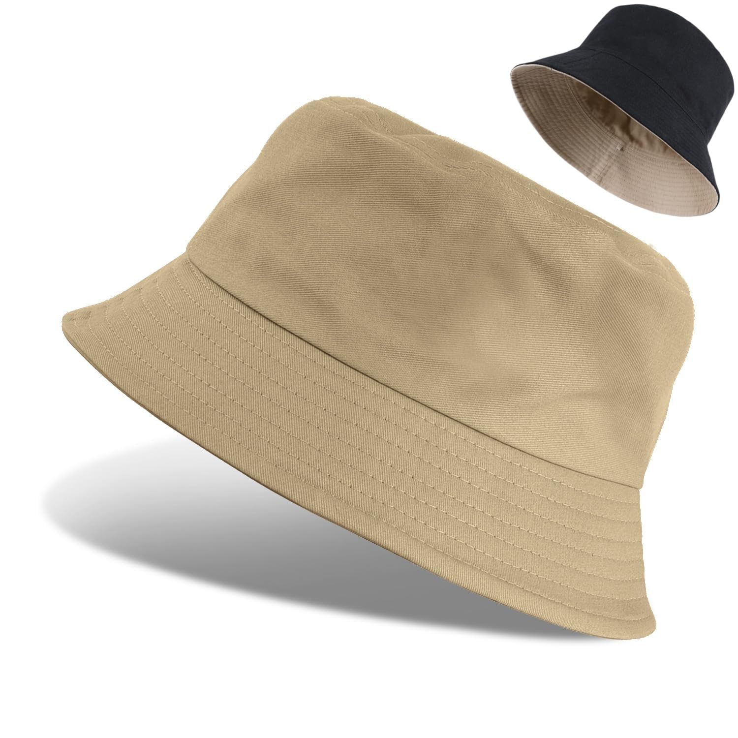 QHFlashbuy Sombrero de Pescador,Reversible Sombrero de Cubo Algodón Plegable Bucket Hat Visera Sombrero Unisex para Viaje Pescar Playa 56-58CM(Caqui, Negro)