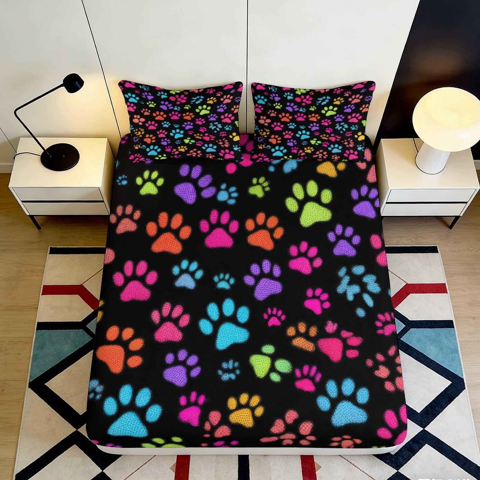 3D Printed Colorful Paw Prints Fitted Sheet Microfiber Soft Durable Bright Paw Pattern Mattress Cover for Bedroom Dormitory Guest Room Protection 120x200x25cm