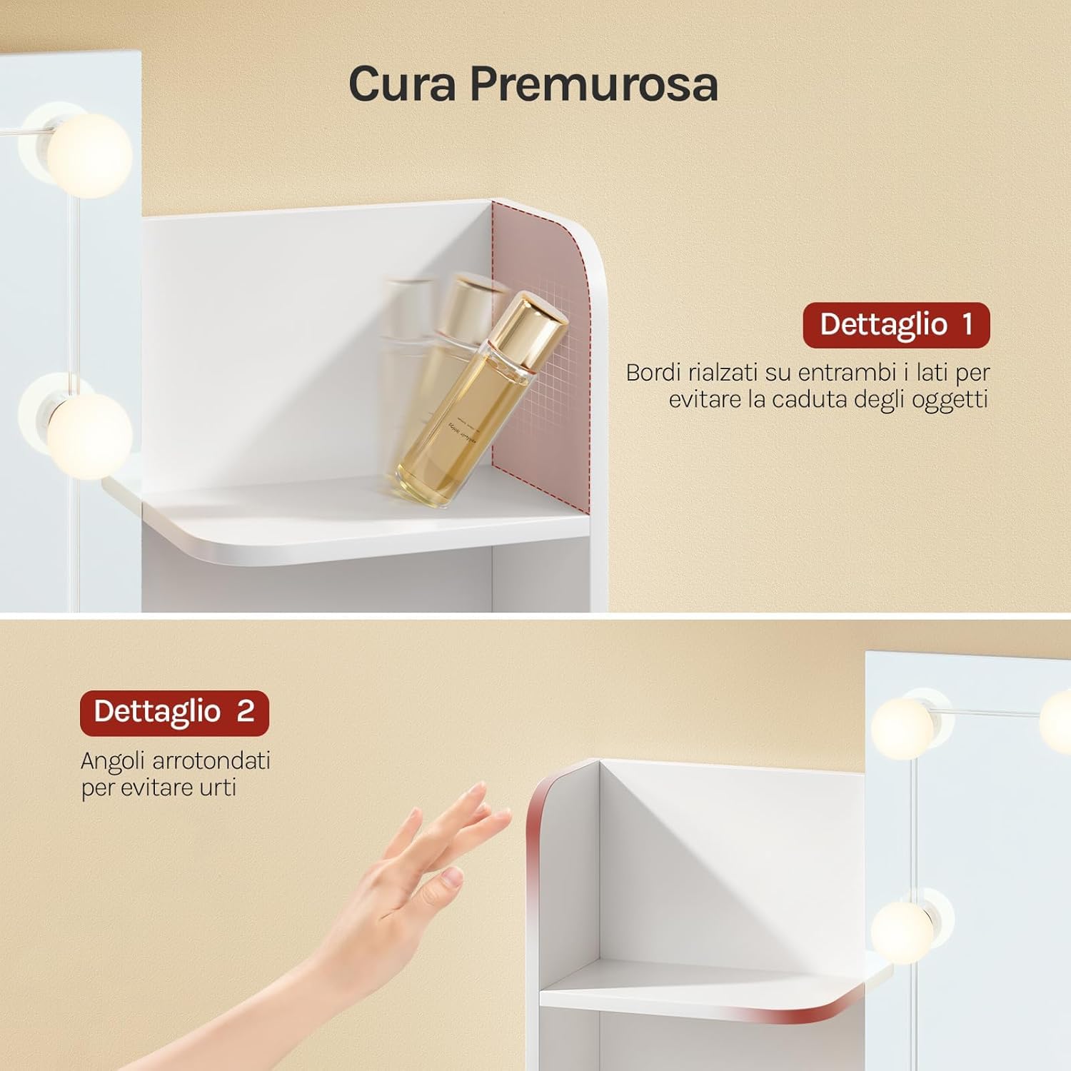 WOLTU Toeletta con Specchio e Luci LED, Postazione Trucco con 10 Lampadine Dimmerabili, Scrivania da Trucco con 2 Cassetti e 4 Ripiani, Tavolo da Camera da Letto, Legno, 90x40x135cm, Bianco