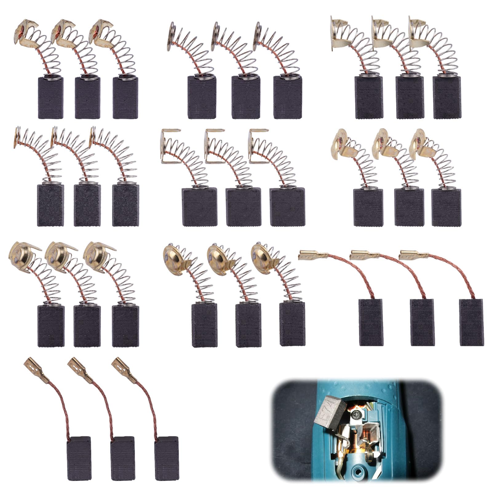 30 PCS Electric Motor Carbon Brushes Kit, 10 Assorted Sizes for Power Tools, Angle Grinders, Hammer Drills, Copper Graphite Brush Holder Repair Set with Fasteners