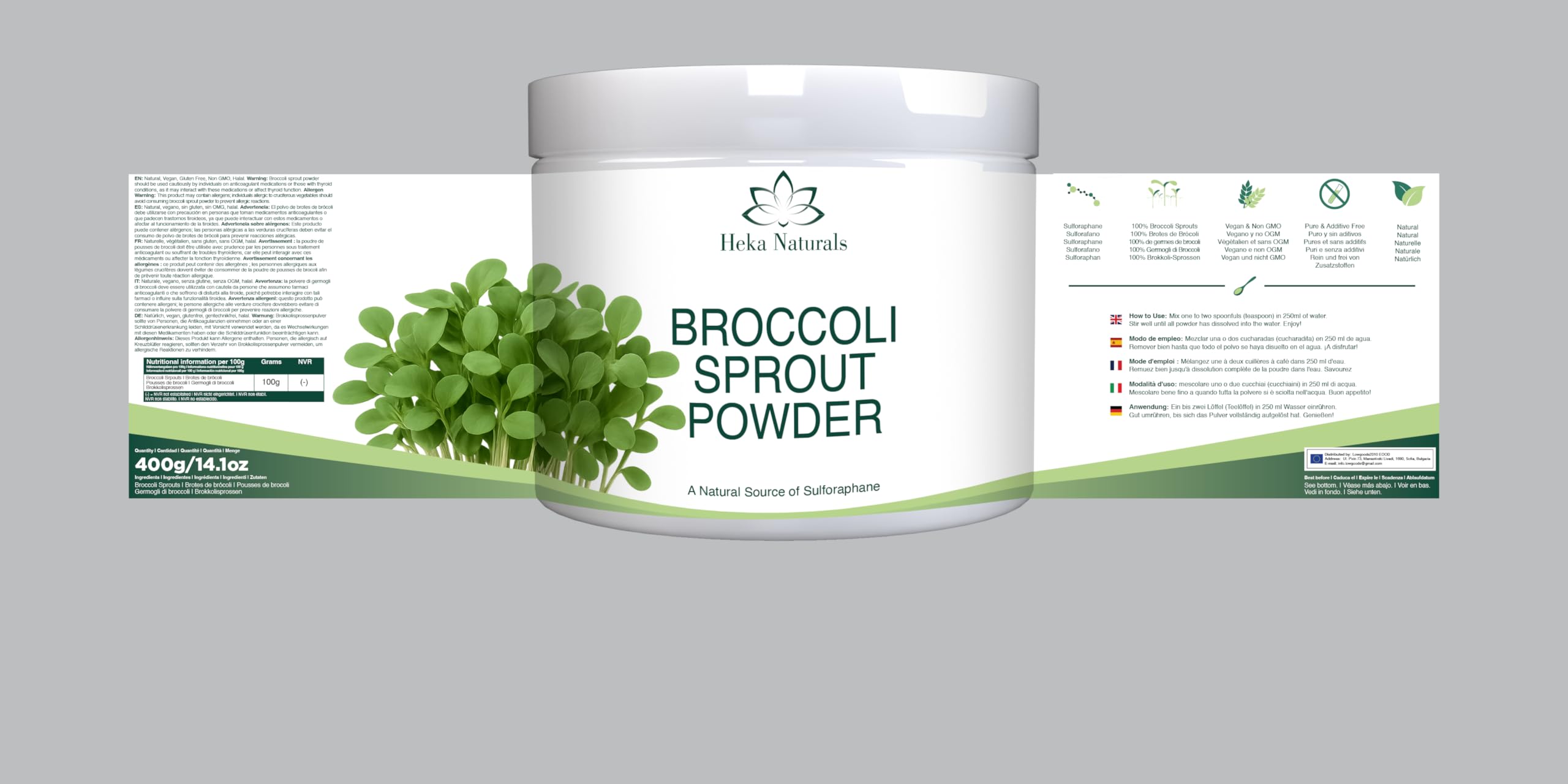 Heka Naturals Poudre de Graines Germées de Brocoli Bio - Super-aliment 100% Pur - Riche en Sulforaphane, Végane, Sans OGM ni Additifs - 400g