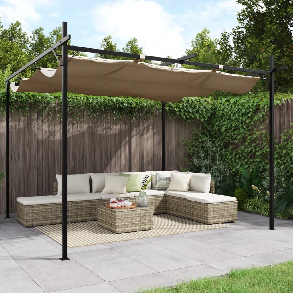 Pergola con tetto scorrevole, tortora, 295 x 292 x 230 cm, gazebo da giardino con robusto telaio in acciaio e alluminio, dispenser di ombra flessibile per terrazza, giardino e esterni