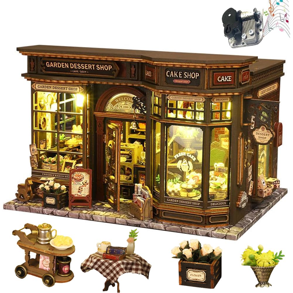 Kit puzzle 3D in legno, fai da te in miniatura casa delle bambole con luci a LED, decorazione da giardino per dessert, scaffale per libri, regalo creativo per adulti e ragazzi