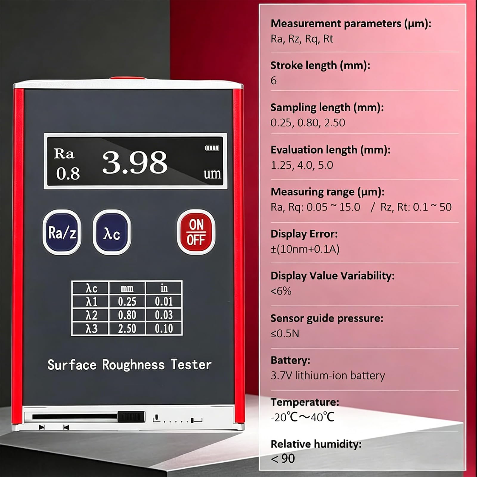 Rugosimètre Portable À 4 Paramètres De Mesure, avec Bloc Détalonnage Et Support, Mesure De Surface De Haute Précision, Ra/rq 0,05~15,0 Μm, Rz/RT 0,1~50,0 Μm