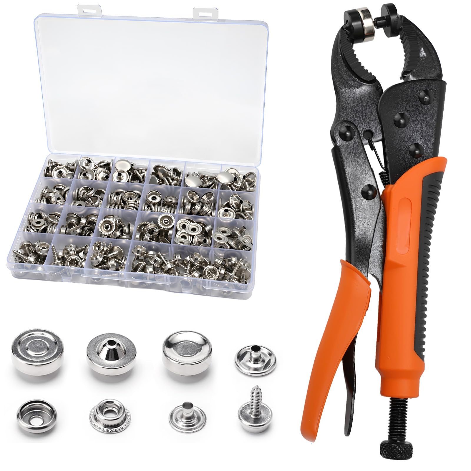 Set di bottoni automatici da 15 mm con pinza, 100 bottoni automatici in acciaio inox, pinze regolabili resistenti per jeans, pelle, teloni, tende, barche, tende da sole