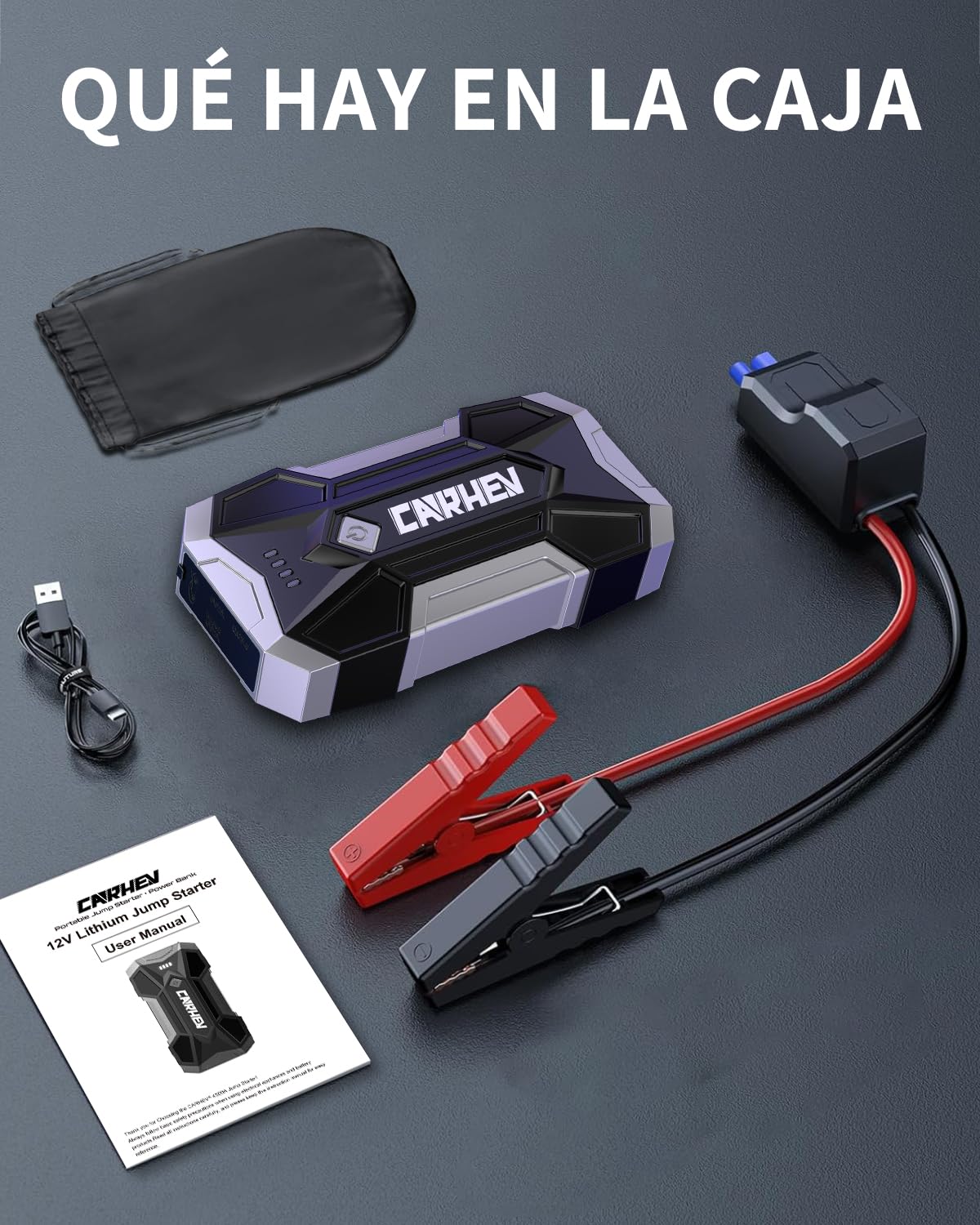 CARHEV Arrancador de Coche 4500A, Arrancador de Bateria de Coche Portátil (hasta 8,0L de Gas o 8,0L de Diésel), 12V Car Jump Starter con Linterna LED y Pinzas bateria Coches