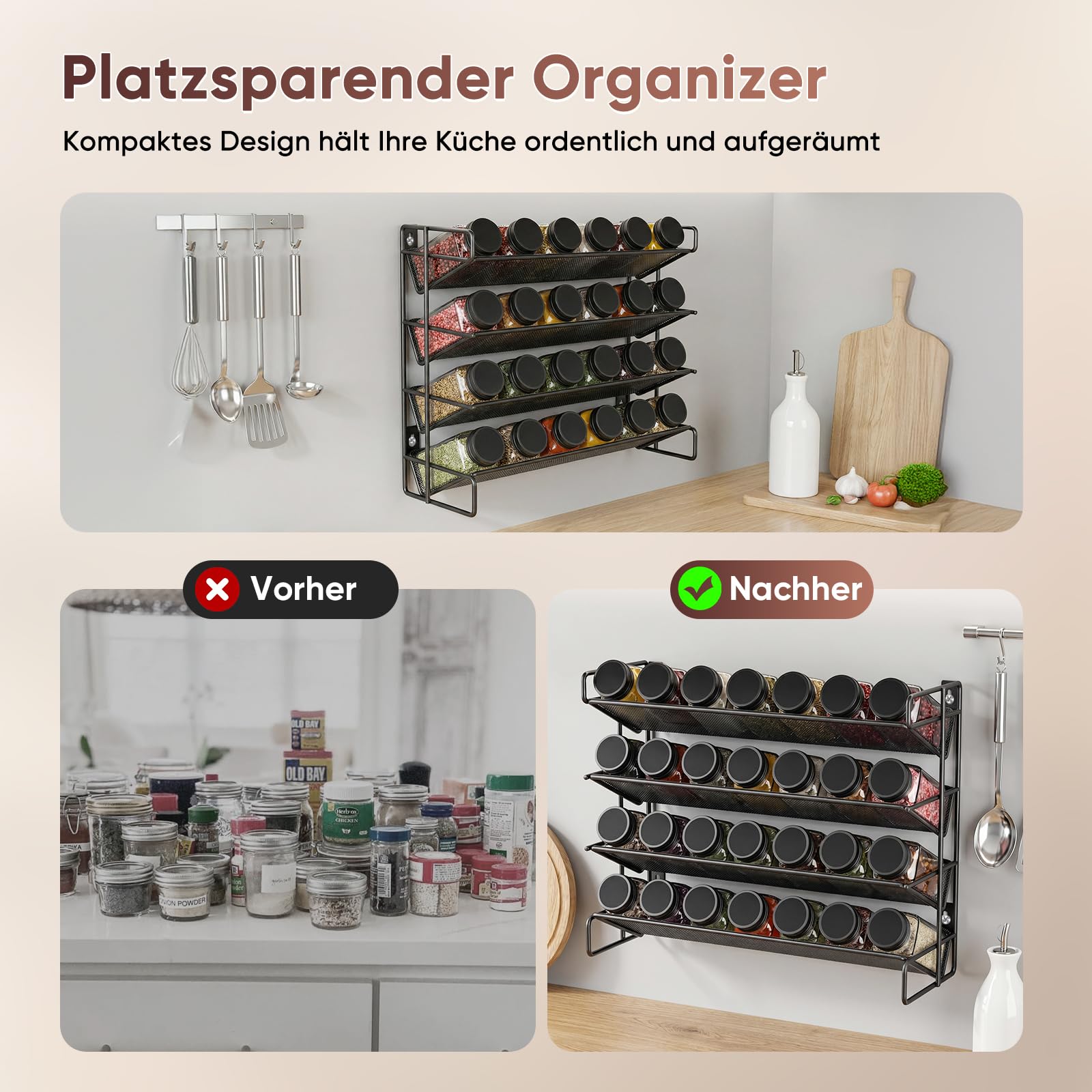 Set portaspezie con barattoli, 4 ripiani, 28 pezzi, in metallo nero, organizer da cucina con 420 etichette per spezie, imbuto e spazzola, sistema salvaspazio per spezie ed erbe