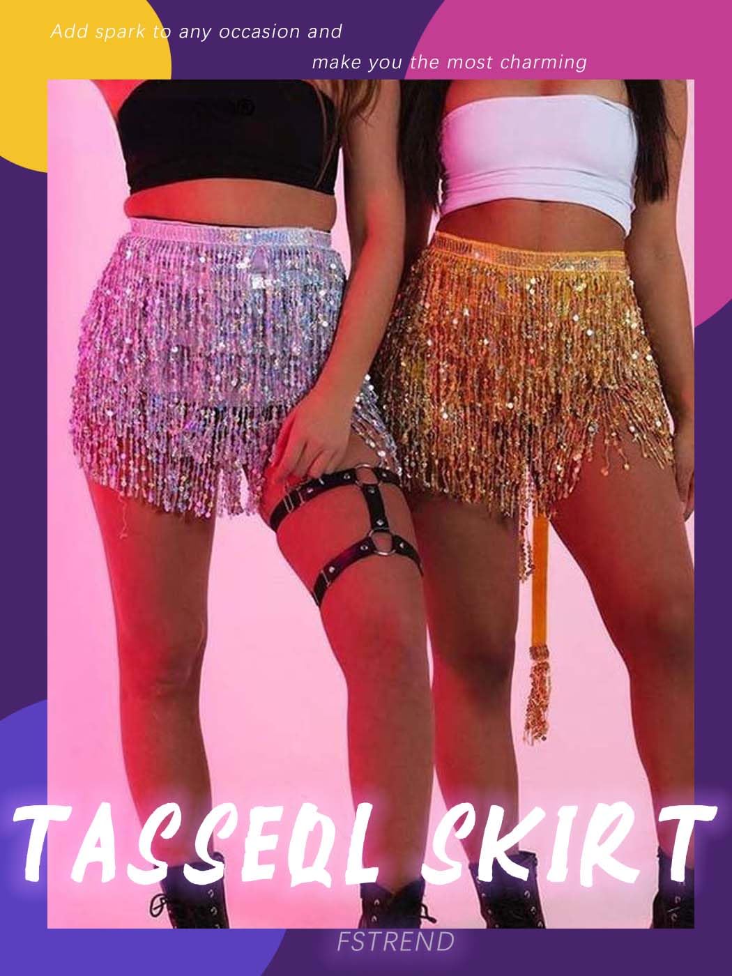 IYOU Jupe à Paillettes et à Glands Foulard de Danse Orientale Baladi Argent Mini Jupe Enveloppante à Franges Tenue de Festival et de Rave pour Femmes et Filles
