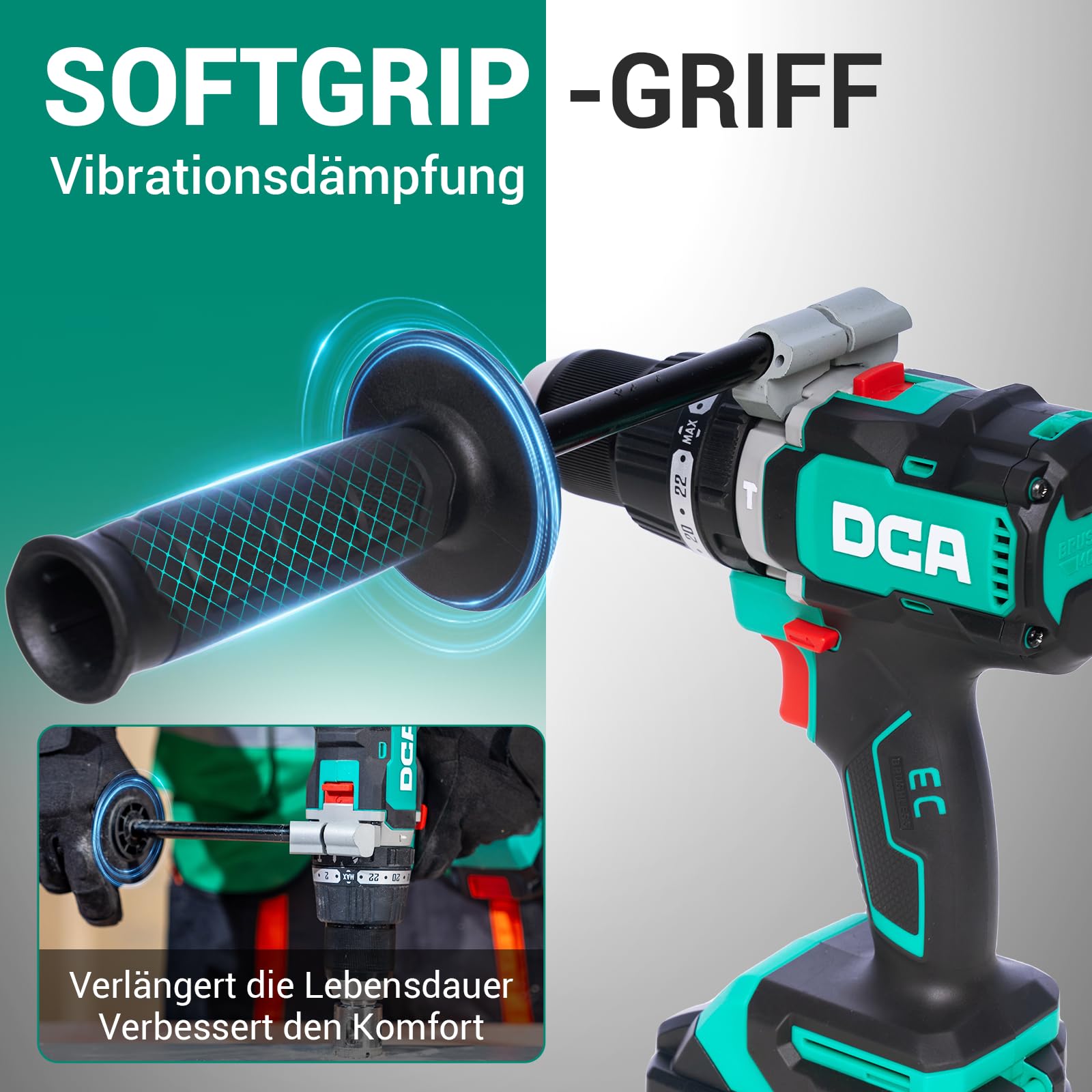 DCA Perceuse-visseuse à percussion 20 V brushless, couple 120 Nm, mandrin métal 13 mm, embrayage 24+1+1, 32000 coups/min, batteries 4,0 Ah pour brique, métal et bois