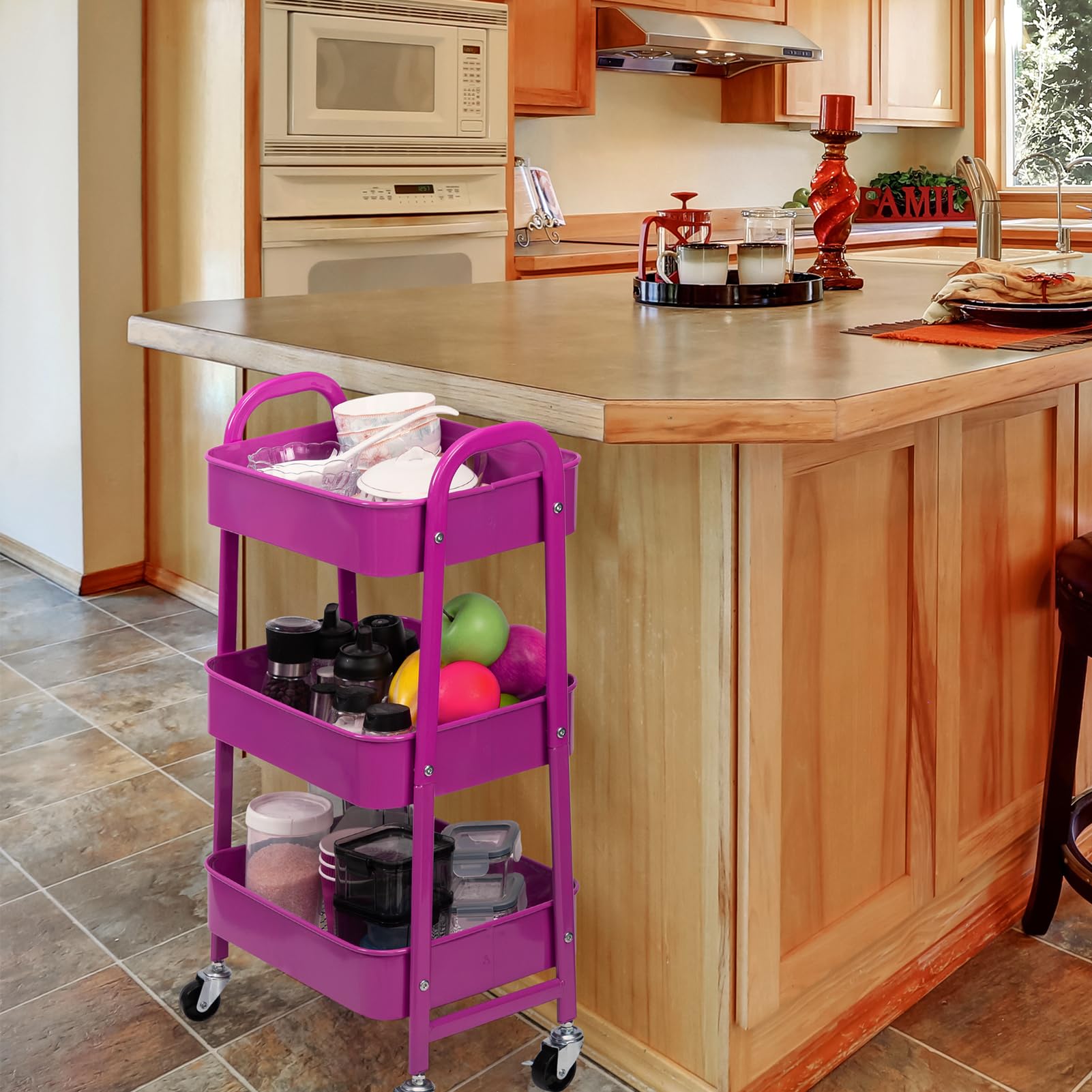 Carrito rodante de metal de 3 niveles con ruedas, estantes versátiles para manualidades de cocina y utilidad, solución de almacenamiento morado oscuro para baño, oficina y hogar