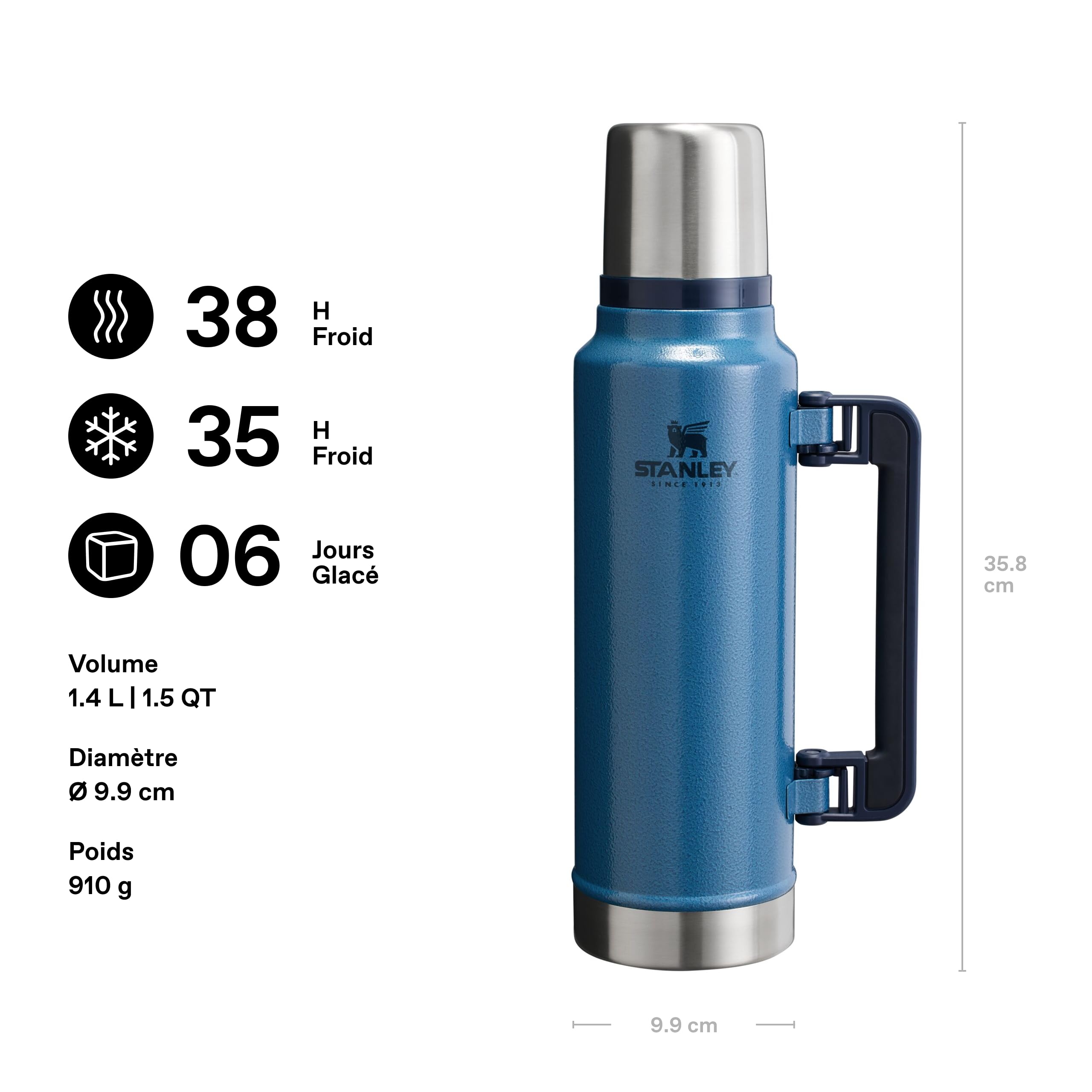 Stanley 1913 Classic Legendary Thermos 1.4L - Hammertone Lake | Maintient la Température 40h (Chaud/Froid) - Bouteille Isotherme - Sans BPA - Gourde Isotherme en Acier Inoxydable