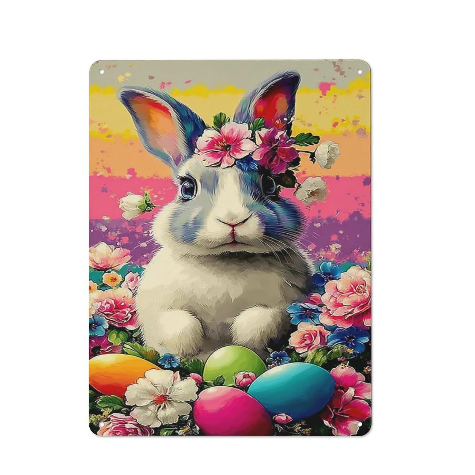Junmoney Colorful Easter Bunny With Flowers Metal Sign 40X30cm With For Workshop Wall, Rustic Decor, Wall Decoration For Workshops And Hobby Rooms