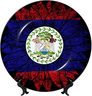 Decorative Ceramic Plate Vintage Sunflower Belize Belizean Flag Round Decorative Plate with Vertical Stand for Table Accessory Decor Or Bedroom Living Room Bathroom