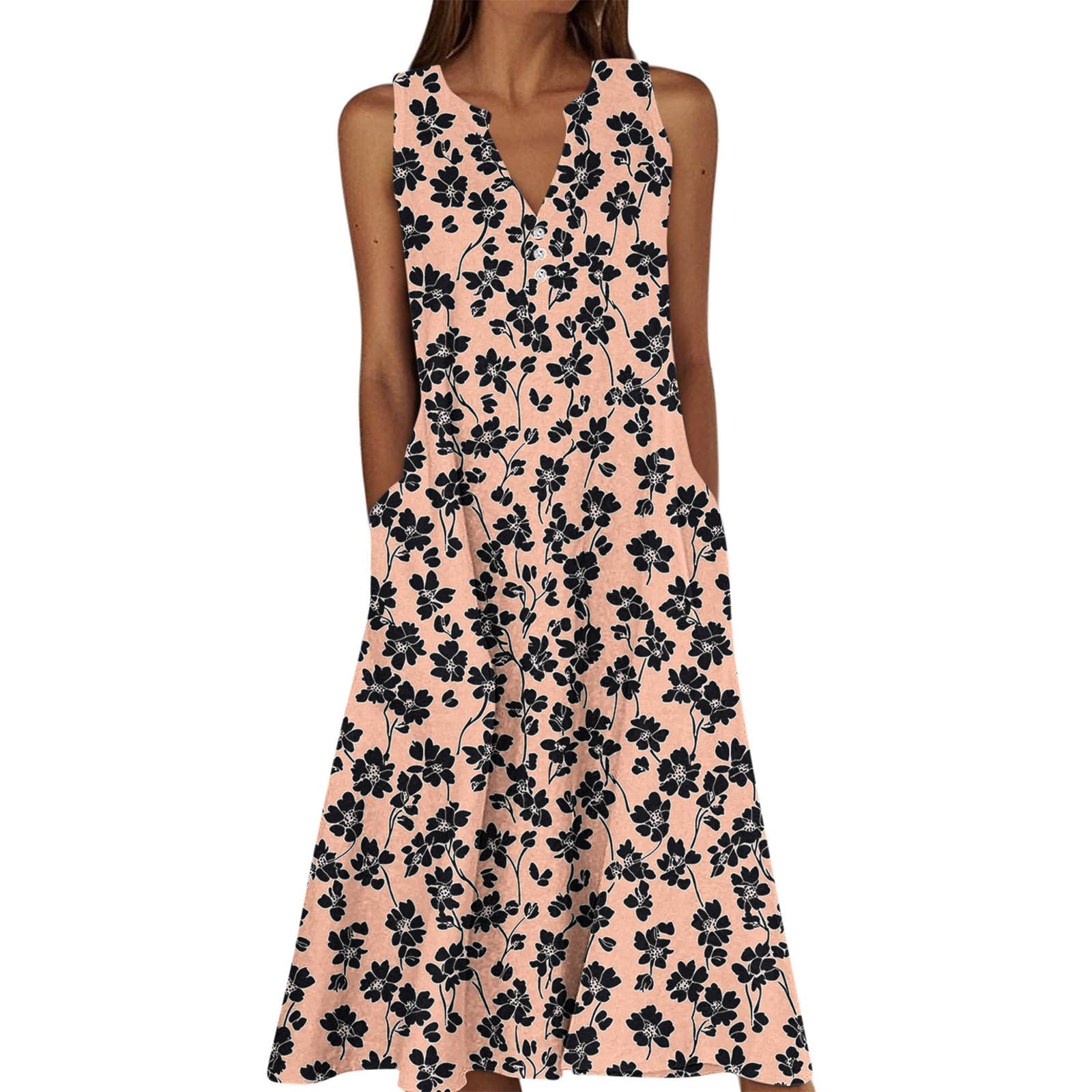 Summer Floral Print Midi Dresses for Women Boho Sleeveless V Neck Tank Dress Beach Vacation Sundress with Pockets — view 11
