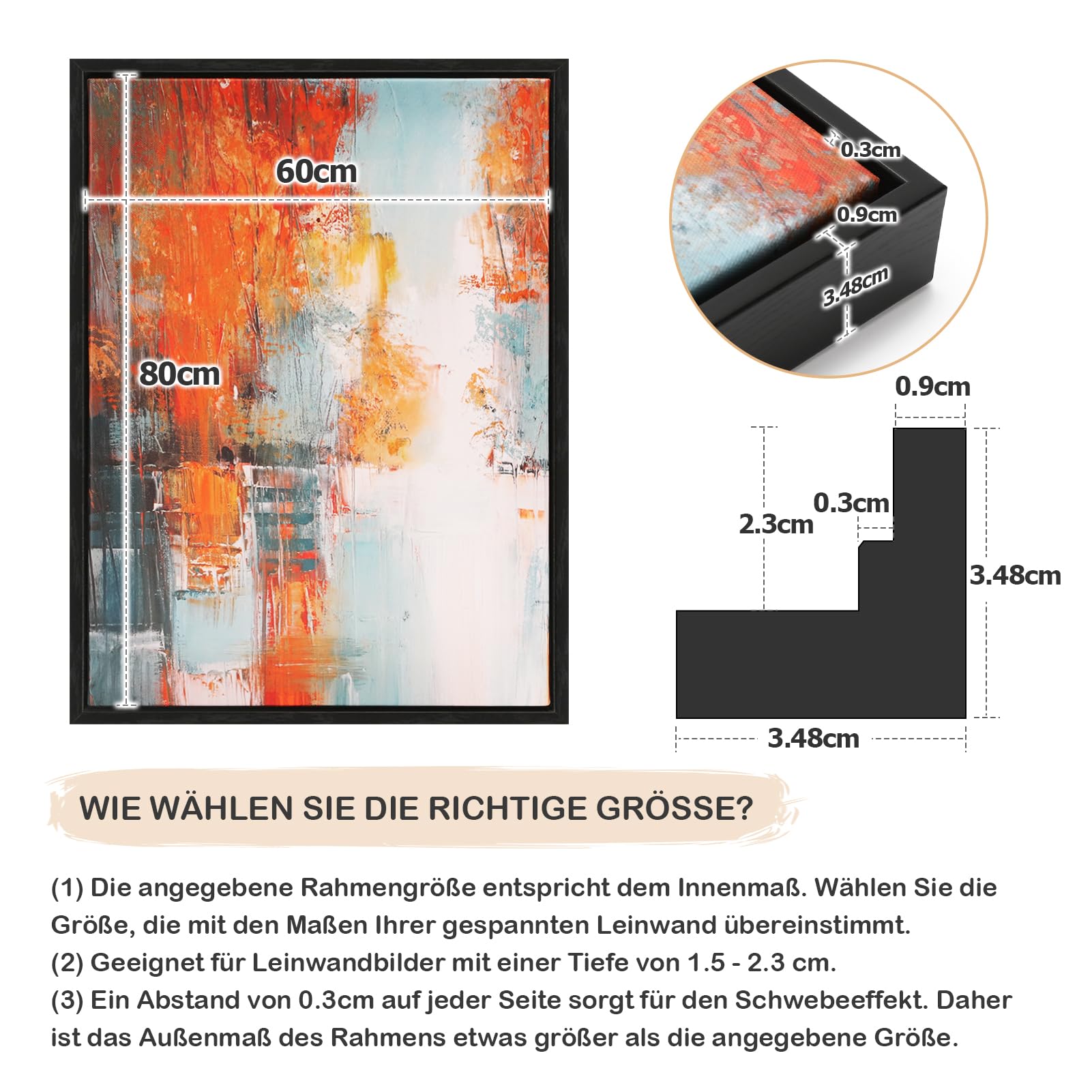 Schattenfugenrahmen, 2Pack Bilderrahmen für 40x40cm Leinwandbilder, Schwarz Rahmen mit 2,3 cm Tiefe für Landschaftsporträts, Wohnzimmer-Dekor | ohne Glas und Rückwand