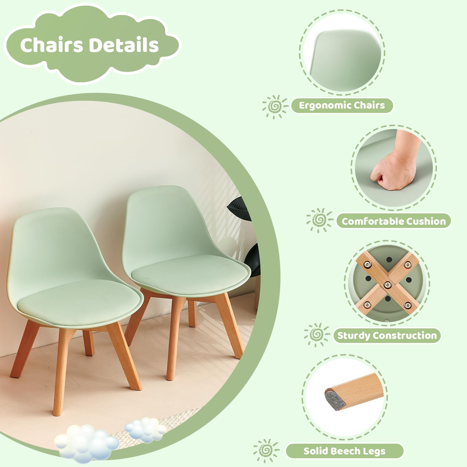 Mesa Infantil con 2 sillas, Grupo de Asientos Infantiles, de Madera de Haya Maciza sostenible FSC, niños de 1 a 6 años, mobiliario Infantil para Habitaciones Infantiles, guarderías, Verde