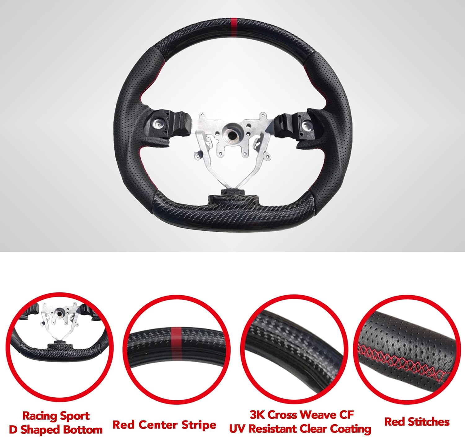 D-Shaped Carbon Steering Wheel with Red Center Stripes Compatible for Subaru WRX STI 2008-2014 Models Strong Stylish Easy to Install Designed to Fit Perfectly I Size:350mm