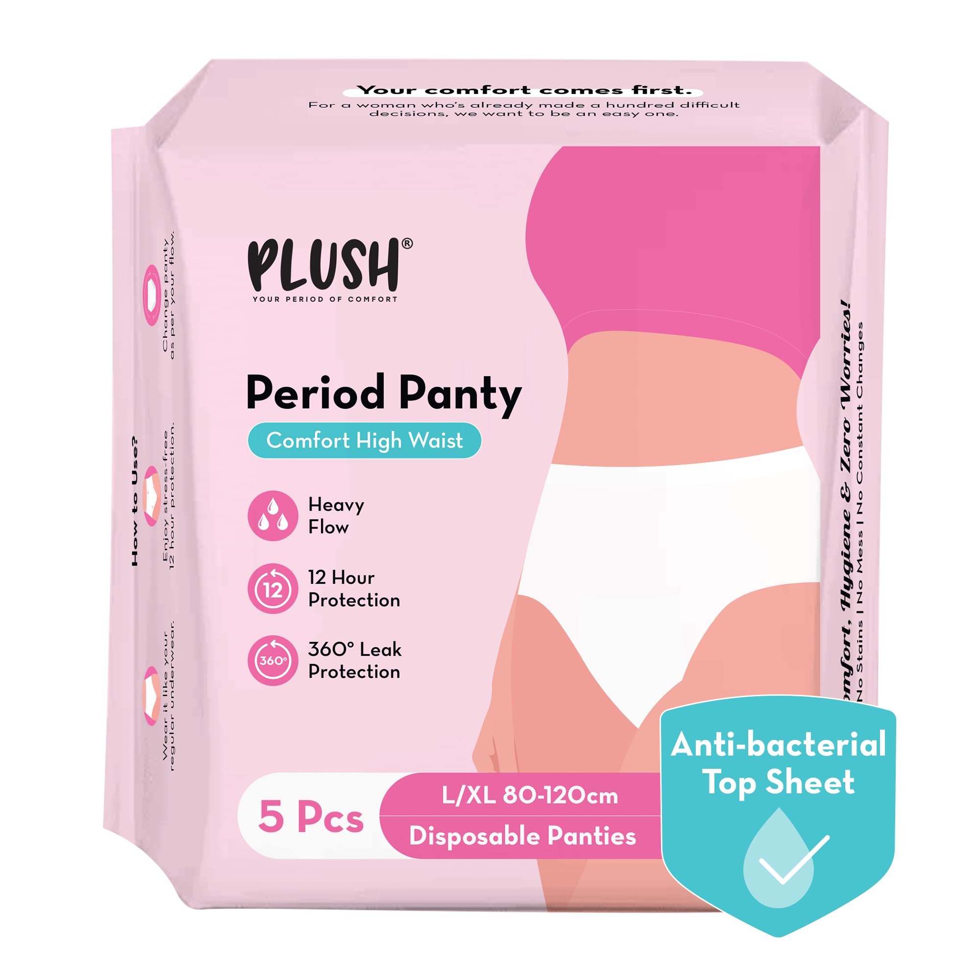Plush Comfort High Waist Disposable Period Panty for Women Heavy Flow - 5 Pcs L/XL (80-120cm) | Anti-Bacterial | Non-Bulky, Panty like Fit | 12-Hour Protection | 360° Coverage, 100% Rash-Free Period Panties | Ideal for Overnight Use
