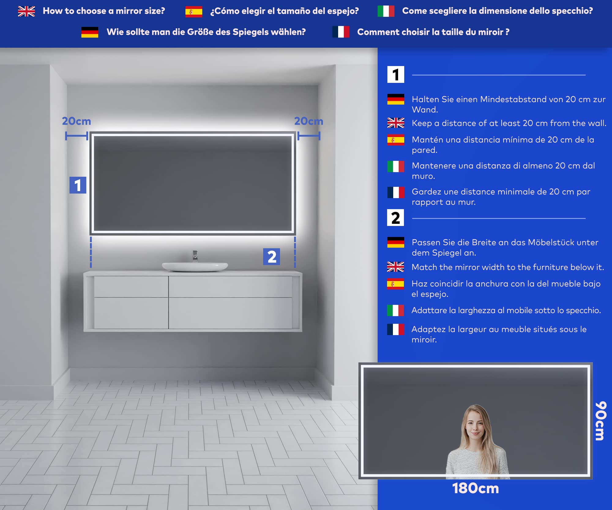 FORAM Espejo de Baño con Iluminación luz LED - Personaliza el Espejo de Pared con Accesorios - 180x90cm - Diferentes tamaños para Baño - Iluminado, retroiluminación - L49