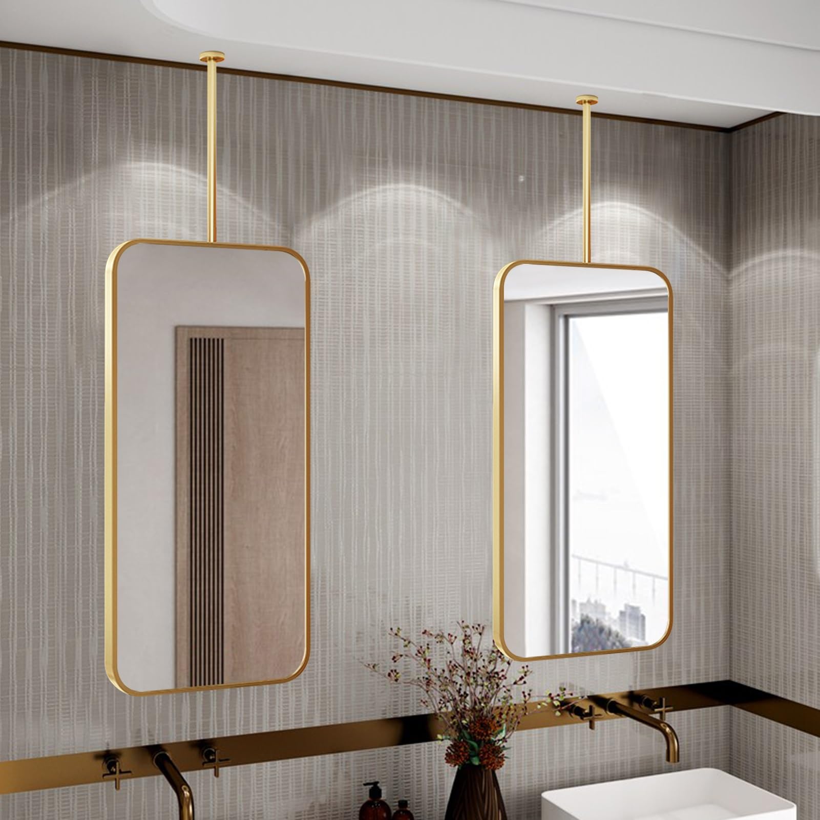 SXFSDOU Floating Mirror for Bathroom Vanity, Gold Ceiling with Metal Hanging Rod, Rectangle Bedroom Living Room Cloakroom Shaving Decorative Mirrors(50cmx70cm)