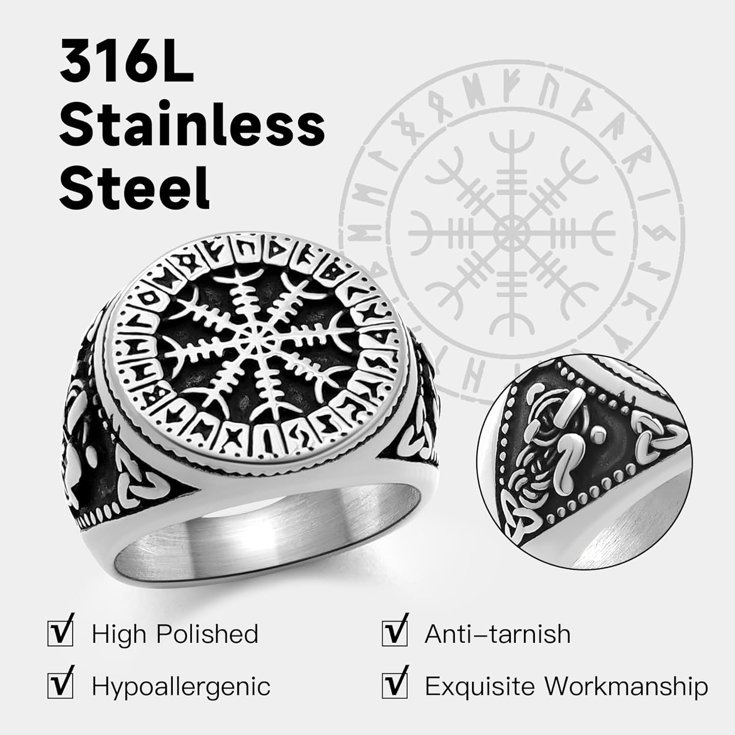 Nordic Battle Axe Ring Viking Vegvisir Pirate Compass Rings Stainless Steel/18K Gold Plated/Black Norse Symbol Vintage Jewelry for Men Women Send Gift Box - Image 4