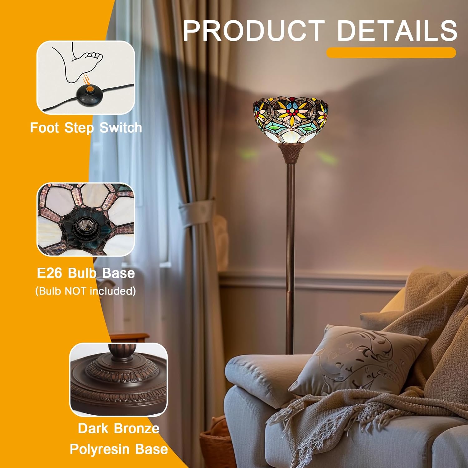 Capulina Tiffany Lamp Stained Glass Torchiere Floor Lamp 70 Inches Tall Sunflower Industrial Dark Bronze Pole Tiffany Style Standing Lamp for Living Room Bedroom Home Office