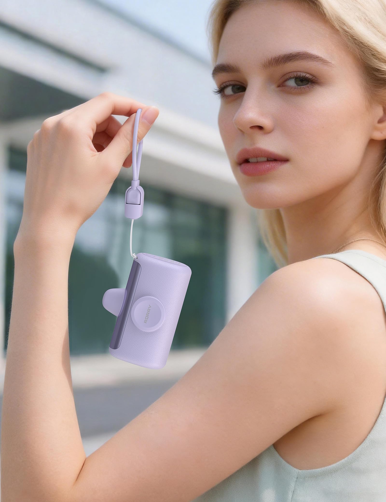 RORRY PalmGo Portable Charger, 10000mAh PD 22.5W Fast Charging Mini Power Bank with Built-in USB C Connector, 3-in-1 Battery Pack for iPhone 17/16/15 Pro/Max, Apple Watch Ultra/11/10/SE, iPad, Purple — view 8