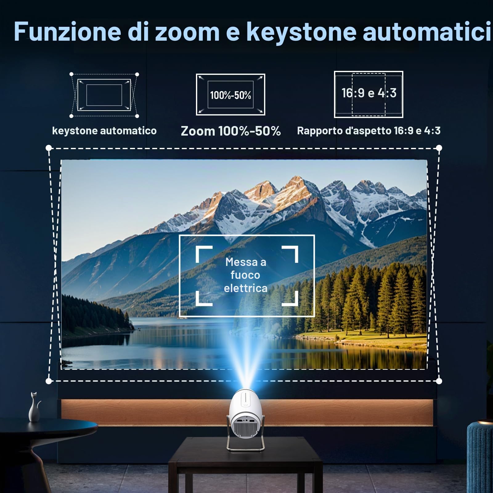 Proiettore 4K Mini proiettore portatile WiFi 6 BT 5.4, proiettore video con auto Keystone, 130 pollici, 180° rotazione compatibile con HDMI/TV Stick/USB/PS5 [App integrata]