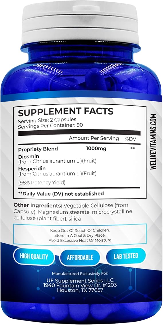 We Like Vitamins Diosmin Hesperidin 1000mg 180 Capsules 90 Day Supply - Diosmin and Hesperidin Supplement Helps to Support Healthy Circulation, Veins, Capillaries, and Lymphatic Drainage
