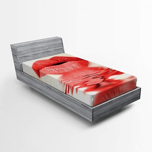 Miniatura 298 de Ambesonne - Sábana bajera ajustable multicolor, en colores y tres tamaños Azul y gris,Verde Militar Sage Green,Ámbar beige,Negro Grey White,Azul