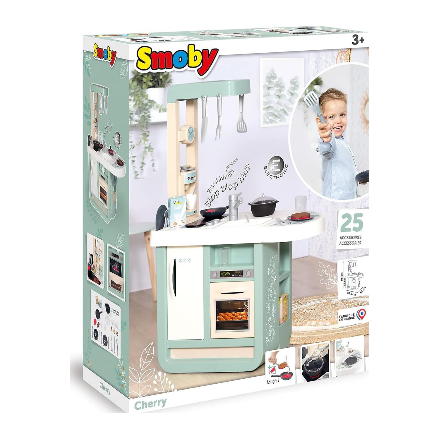 Smoby - Cucina Cherry, 7600310914, +3 anni, design moderno, tante funzioni, 23 accessori, piano di gioco h 48,5 cm