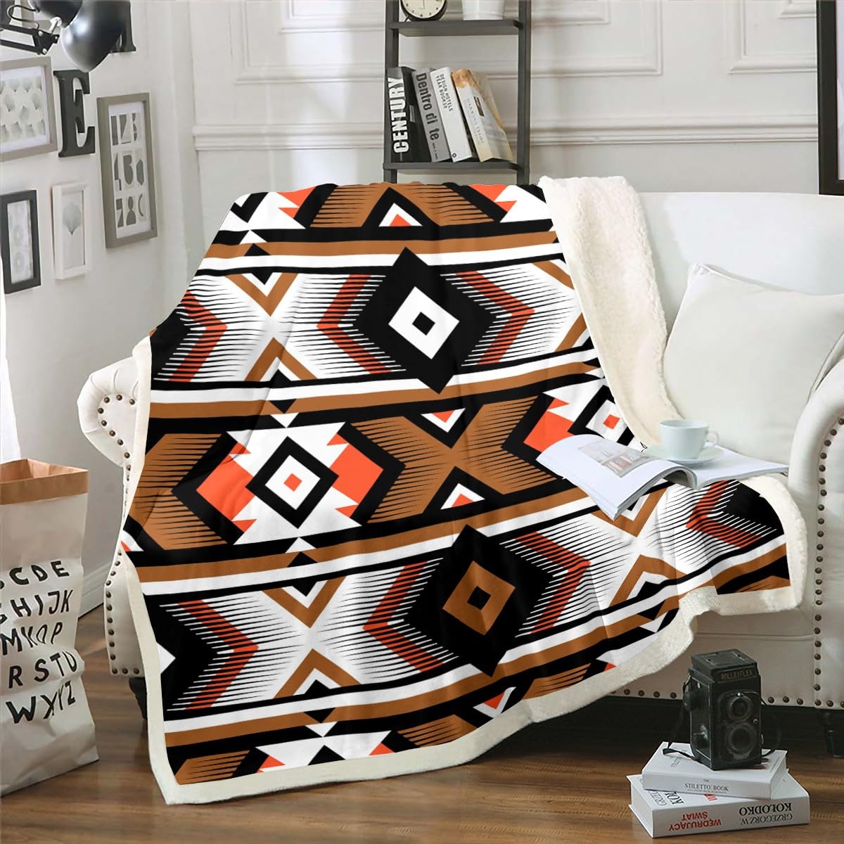 Erosebridal Southwestern Sherpa Blanket for Couch Throw 50"X60" Retro Ethnic Geometric Throw Blanket Boho Aztec Fleece Bed Blanket for Kids Adults
