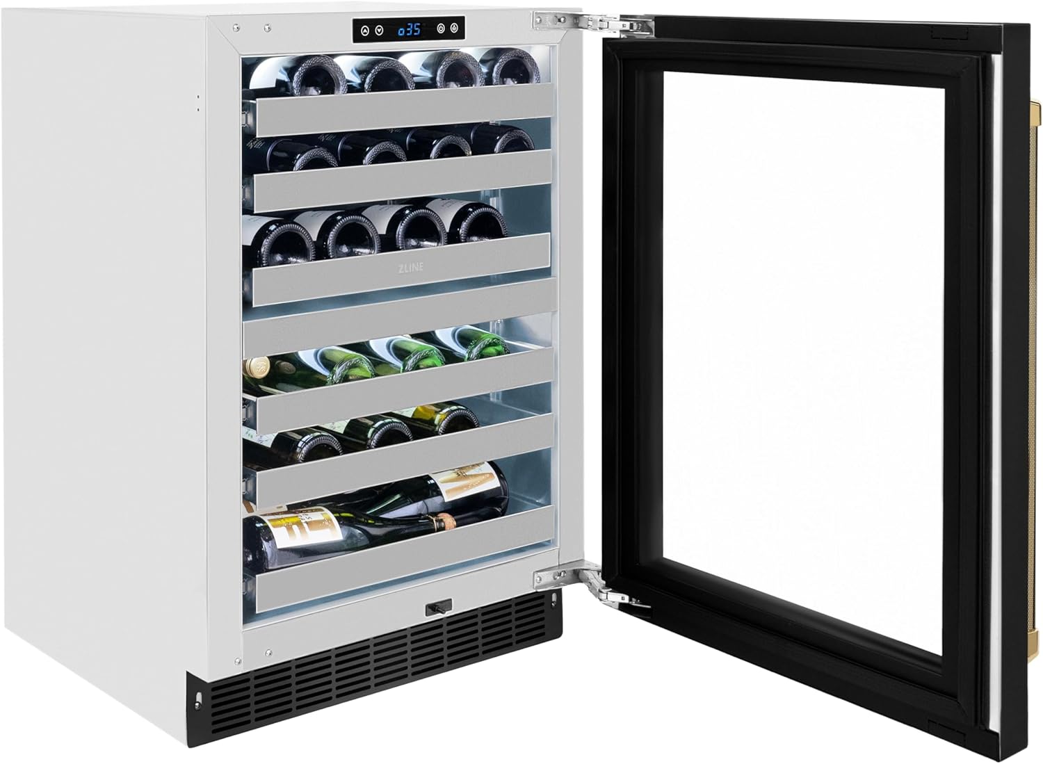 ZLINE Autograph Edition 24 in. Touchstone Dual Zone 44 Bottle Wine Cooler with Black Stainless Steel Glass Door and Polished Gold Helix Handle (RWDOZ-BS-24-KG)
