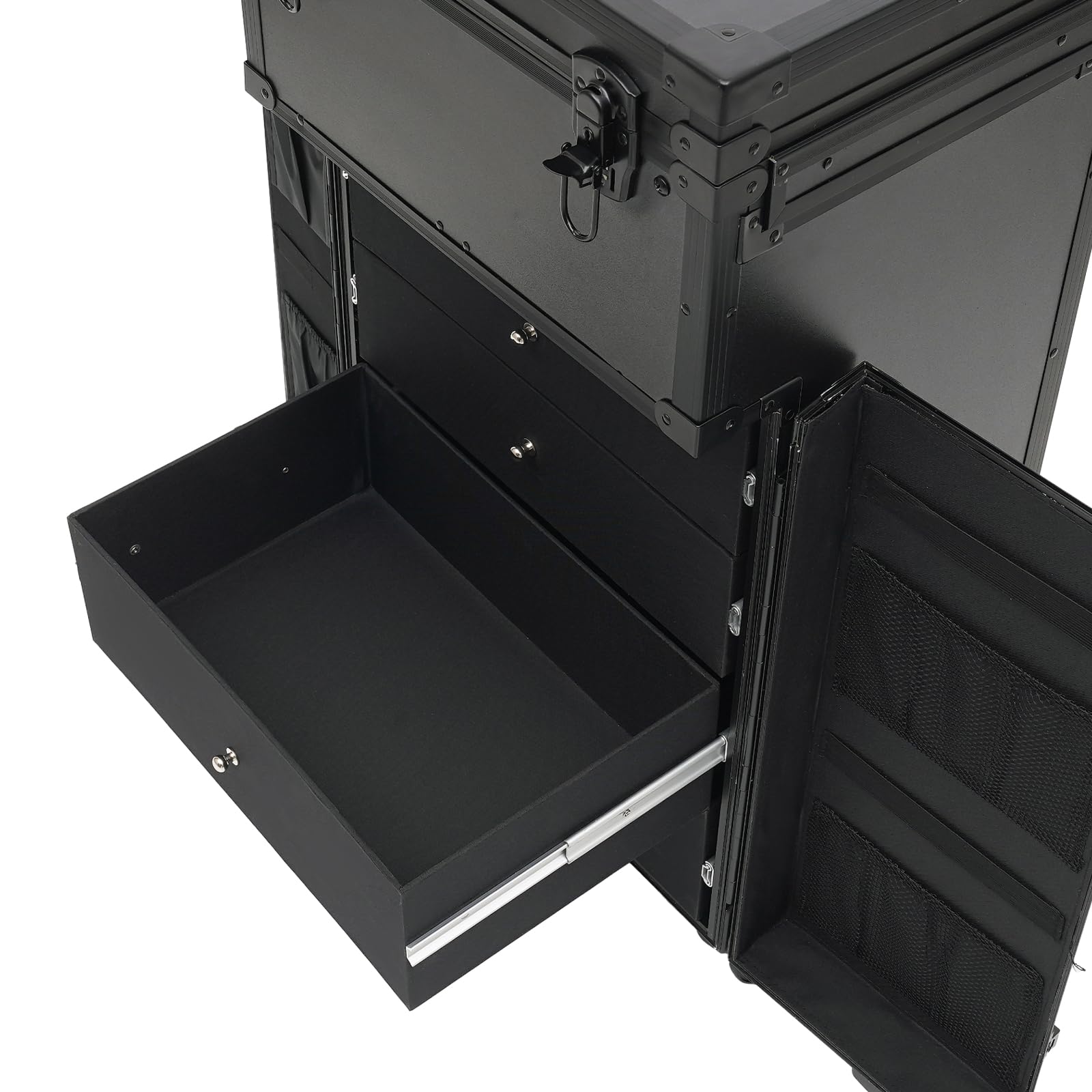 Kosmetik Trolley Kosmetikkoffer Friseurkoffer mit 4 Schubladen Make up Koffer Groß Schminkkoffer Nagelkkoffer Beauty Case Friseur Box Multikoffer Dunkelschwarz mit 6 Rollen
