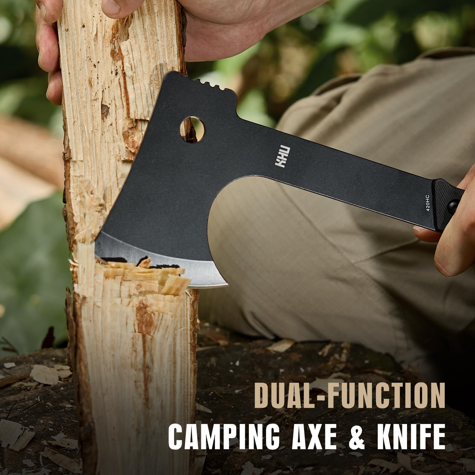 KHU 2 pcs 420HC Acciaio Ascia da campeggio Coltello da caccia - Coltello da campeggio sopravvivenza con fodero in nylon, Ascia da bushcraft per spaccare la legna Uso All'aperto caccia