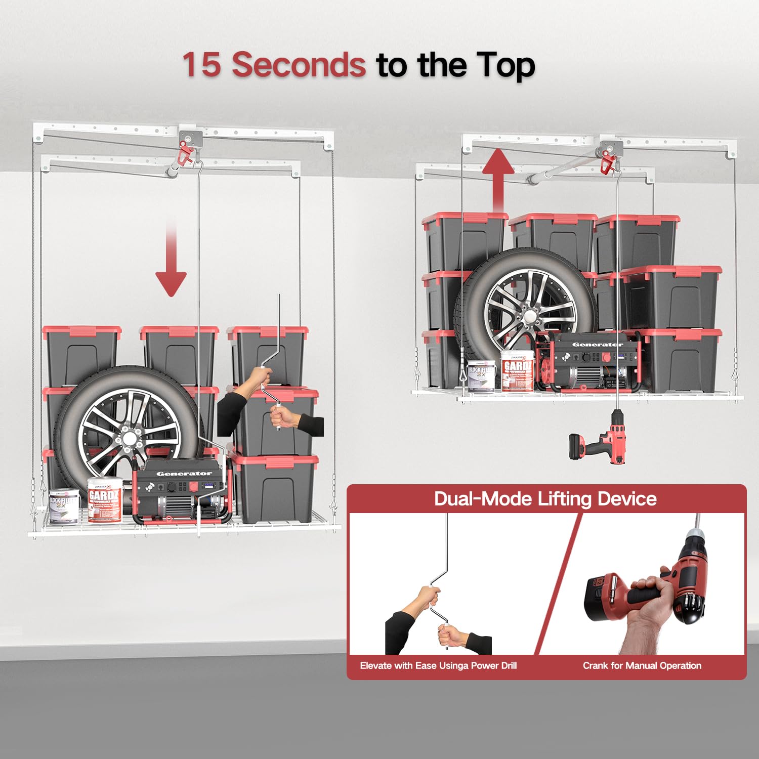 Elevador de almacenamiento de techo de 4 x 4 pies, sistema de almacenamiento de garaje montado de alta resistencia, capacidad de 250 libras (blanco)