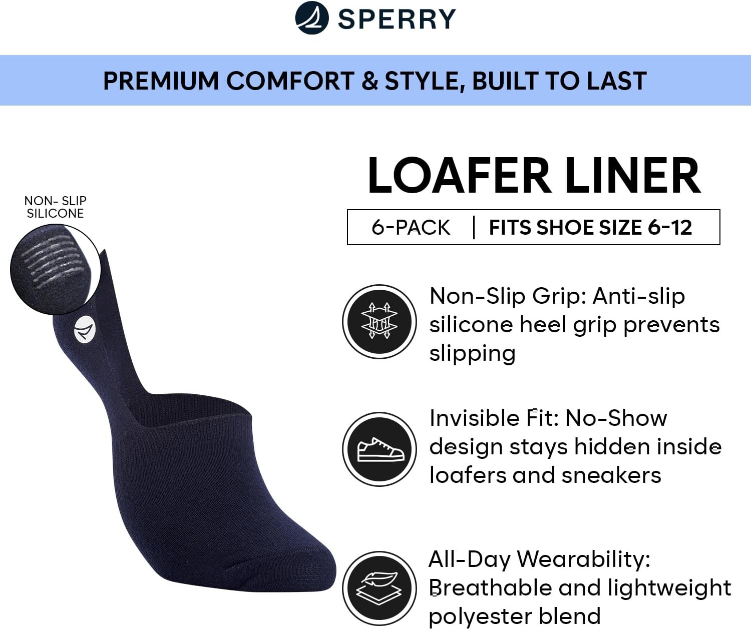Sperry Men's 6-Pack Loafer Socks, Non-Slip No Show Socks for Boat Shoes, Ultra Low Cut Invisible Liners with Heel Grip - Image 5