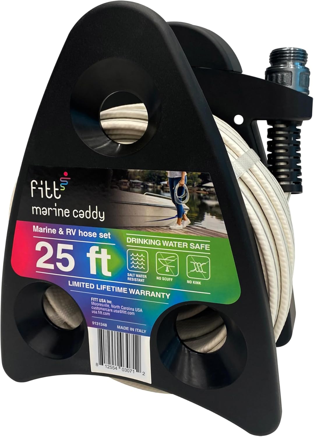 FITT Marine Caddy Hose, 1/2" 25ft Salt Air and Water Resistant Hose Set with Mini Reel for Use with Boats and RVs