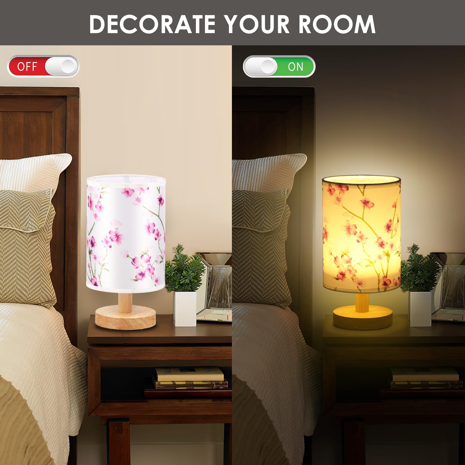 HAIJED Bedside Table Lamp, Vintage Small Bedside Night Lamp with Linen Fabric Lampshade and Wooden Base - Image 4