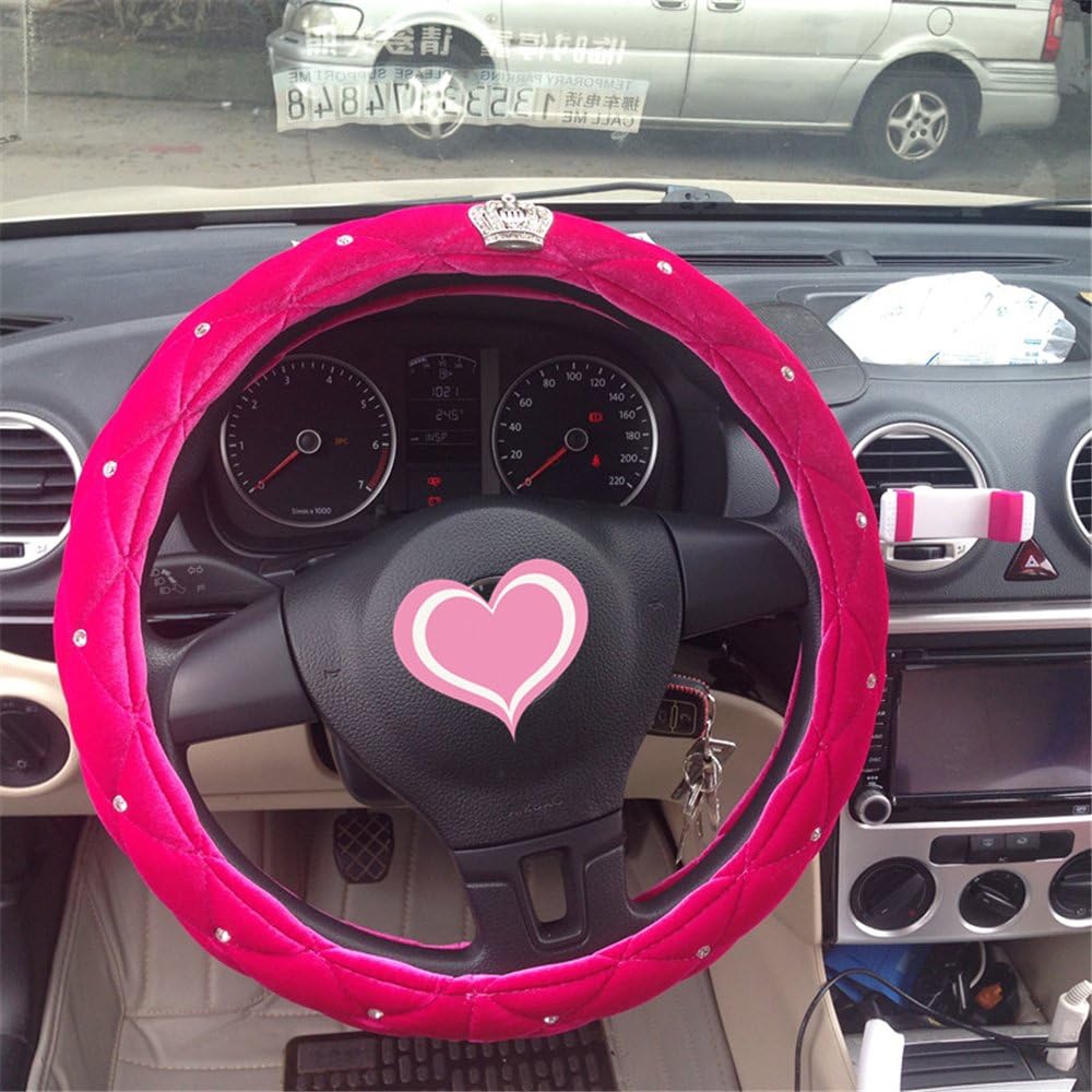 an Crown Shape Rhinestone Plush Cute Steering Wheel Covers for Winter car Accessories Interior for Girls Women DIY (Rose red)