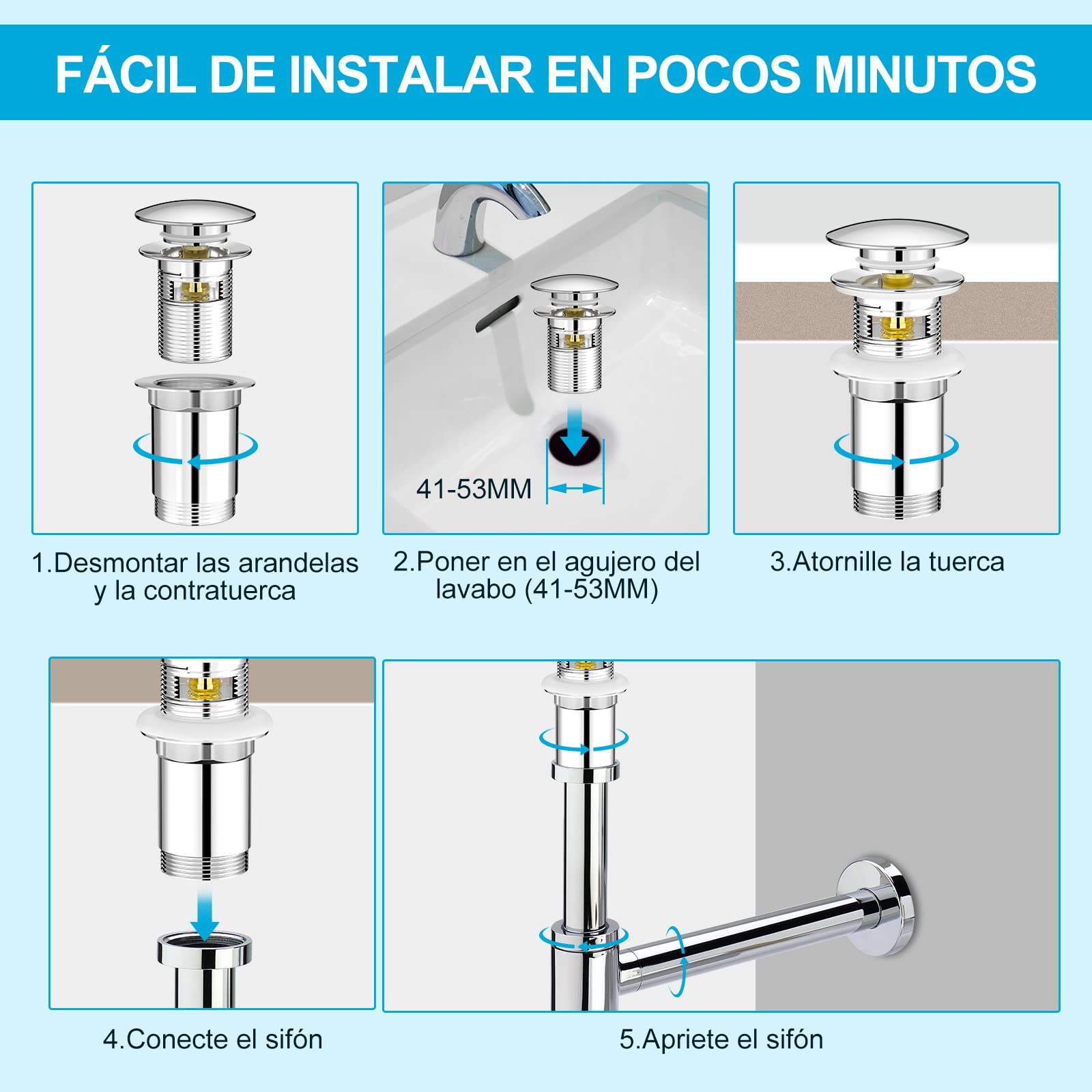 Linkax Desagüe Lavabo, Tapon Universal G1 1/4“ con Click Clack, Valvula para Baño & Inodoro, con Rebosadero, Plata (Se adapta a agujeros de 41 a 53 mm de diámetro)