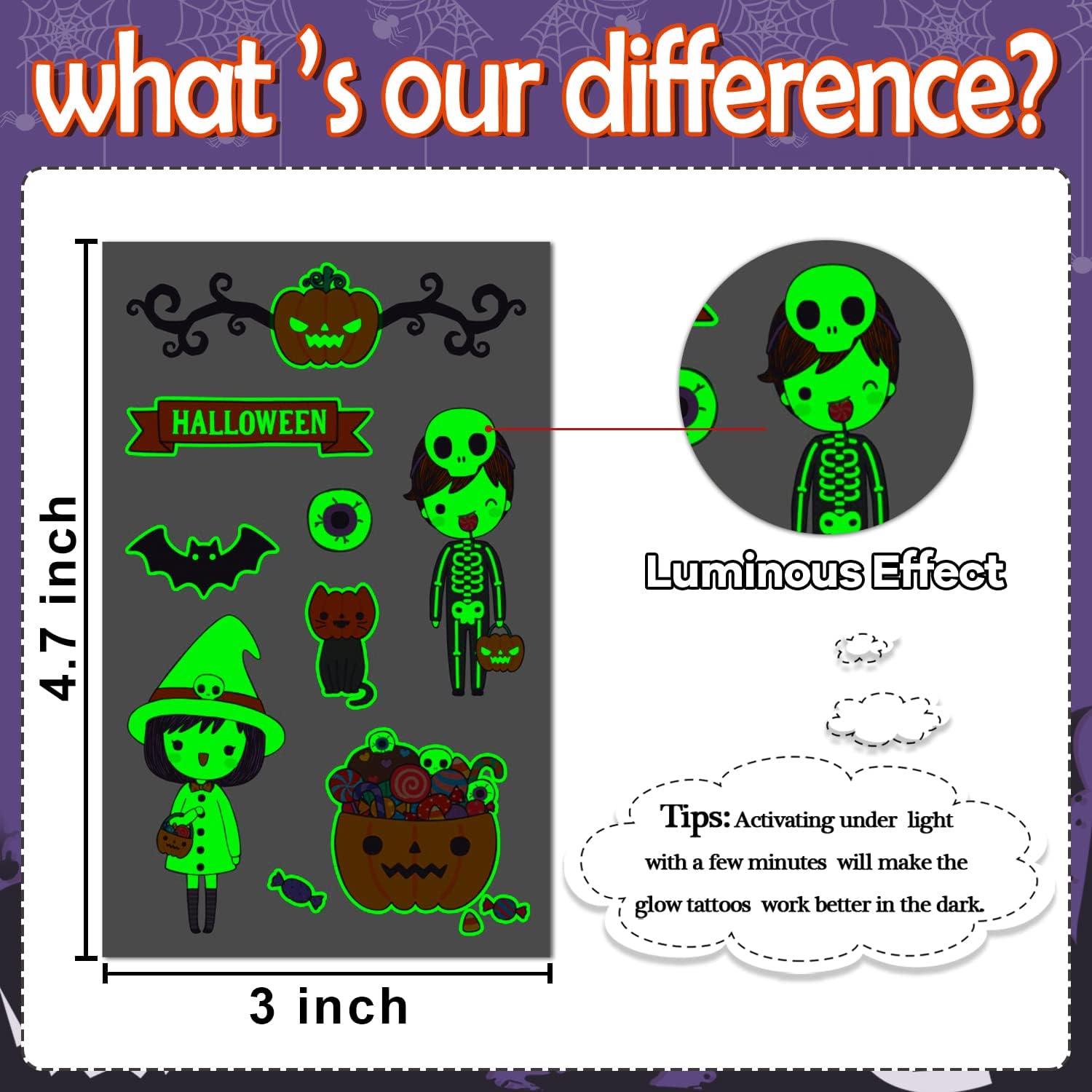 Leesgel Halloween Decorazioni, 24 Fogli Luminoso Tatuaggi per bambini Tatuaggi Temporanei Tatuaggi Halloween, Caramelle Trucchi Halloween Gadget Festa Compleanno Bambini Regalo Accessori Party