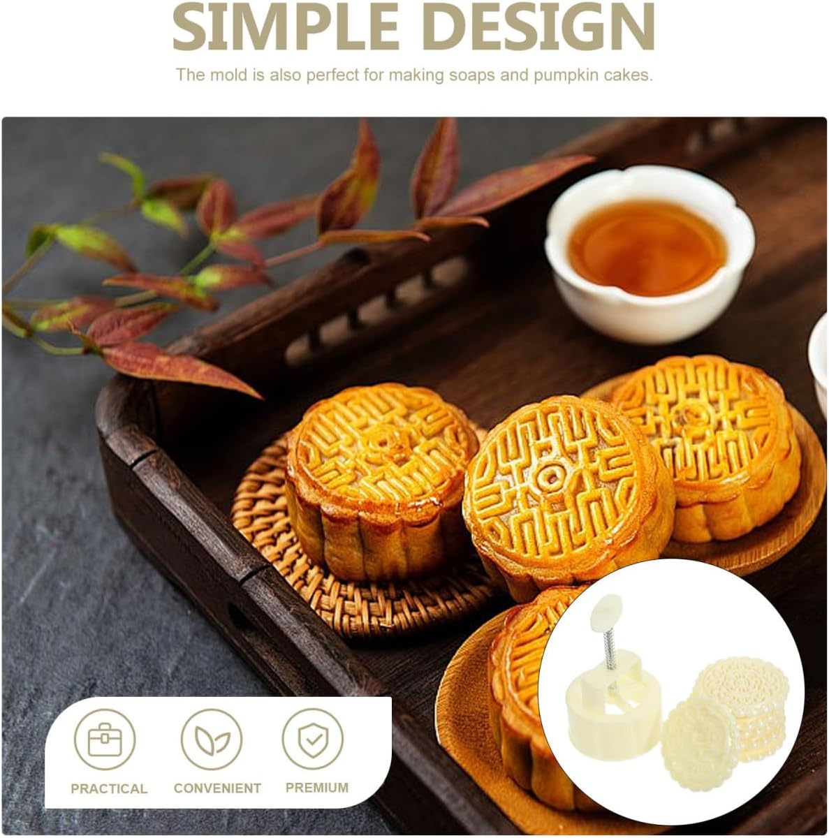 Kichvoe Moon Cake Mold Set 1 Mold 6 Stamps for Handmade Ice Skin Mung Bean Cake Baking Tool Easy Release Kitchen Baking for Home Use