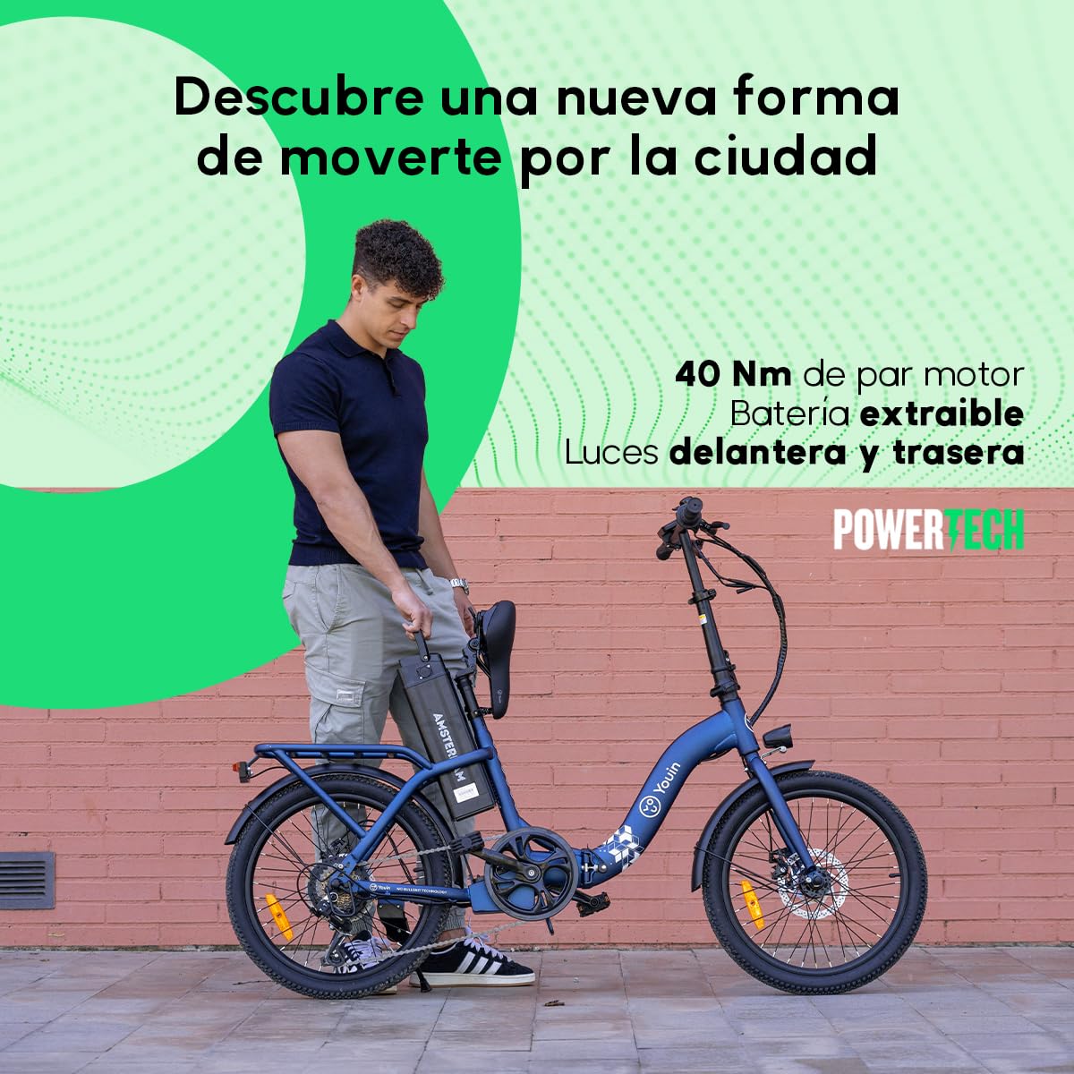 Youin Amsterdam Bicicleta Eléctrica Plegable 20" | Motor Trasero 250W 40Nm, Batería Extraíble 281Wh, Hasta 45 km de Autonomía, 7 Velocidades, Frenos de Disco