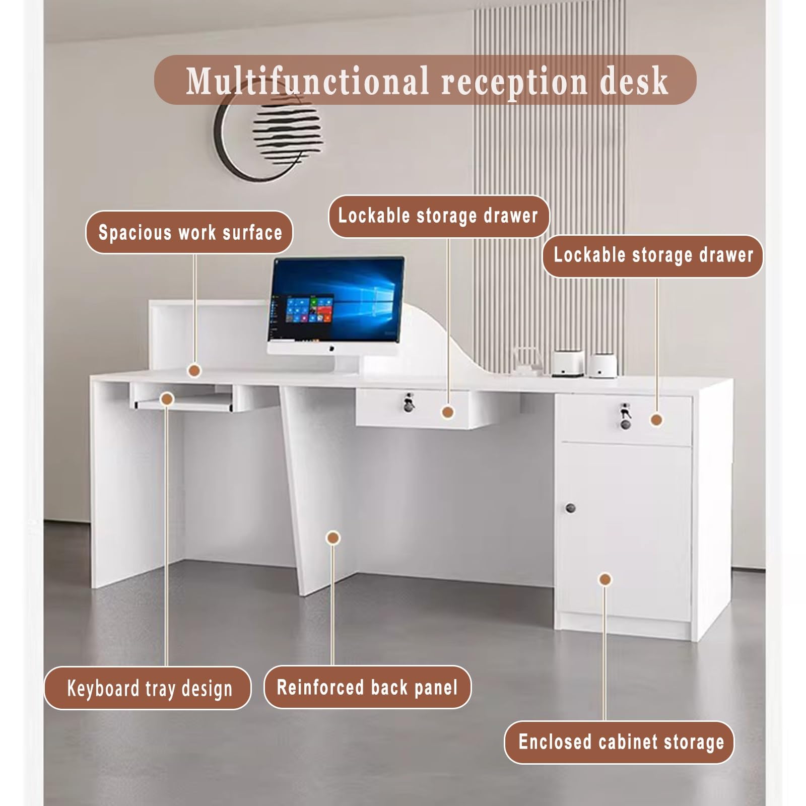 Mostrador De Recepción, Mesa De Mostrador con Cajones De Almacenamiento Y Estantes Abiertos, Boutiques Y Cafeterías.(White on The Right,200cm)