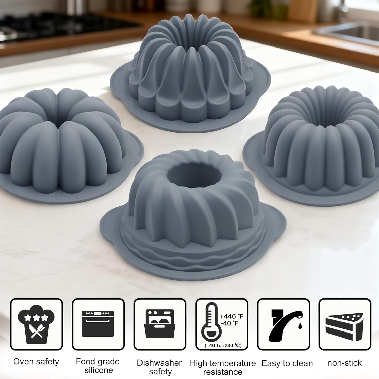 Tongjude 4 Pieces Silicone Fluted Tube Cake Pans, 10 Cups Tube Baking Pan, Jello Mold, Silicone Molds for Homemade Cake, Bread and Jello, Non-Stick, Grey - Image 9