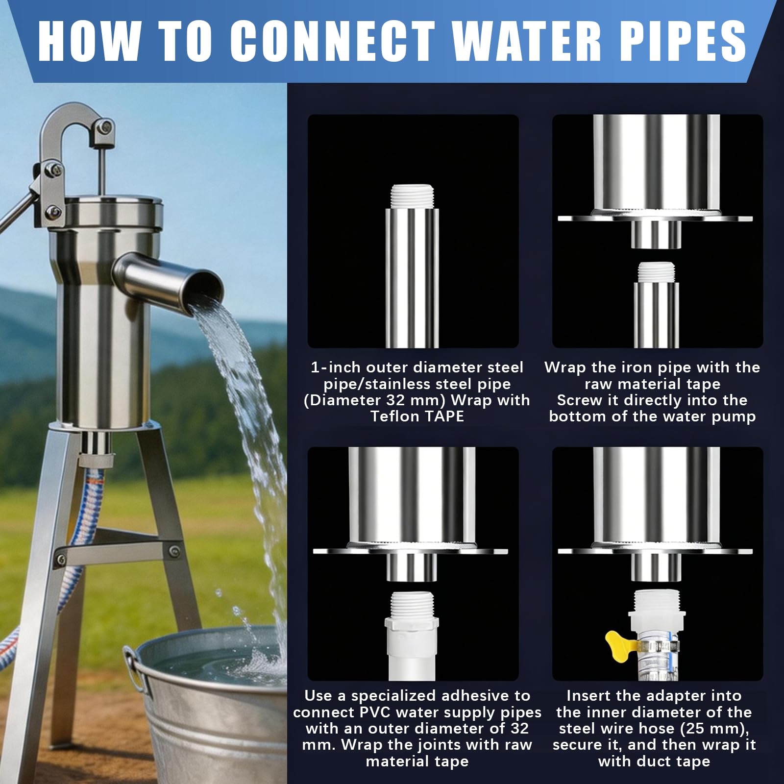 BRGD Bomba de Pozo Manual, Bomba de Agua SubterráNea DoméStica de Acero Inoxidable con Manguera de 5m, Soporte de Montaje y Kit de Accesorios para Casas, Jardines Domésticos
