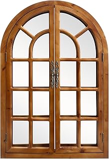 IPOUF Rustic Wood Windowpane Arch Mirror, 24x36inch Vintage Farmhouse Window Pane Wall Mirror for Living Room, Entryway, or Bedroom Decor,Rustic Brown