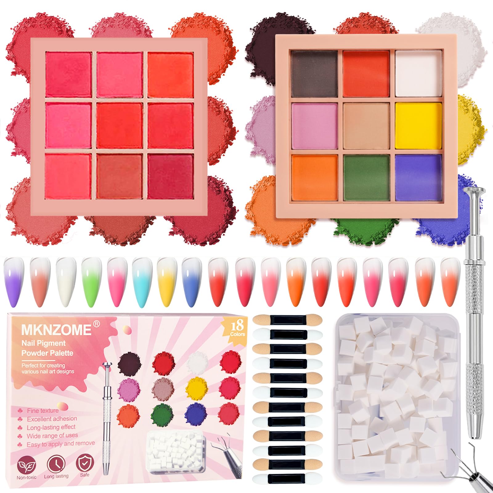 18 Colors Pigment Powder for Nails, Nail Pigment Powder Palette and Nail Art Sponges with Grabbing Pen, Ombre Aura Nail Powder Set Pigmentos para Uñas, Manicure, D+E